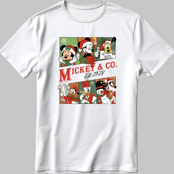 Mickey Co Est 1928 Disney Santa Christmas Cartoon Holiday Graphic T-Shirt 166 - Picture 1 of 5